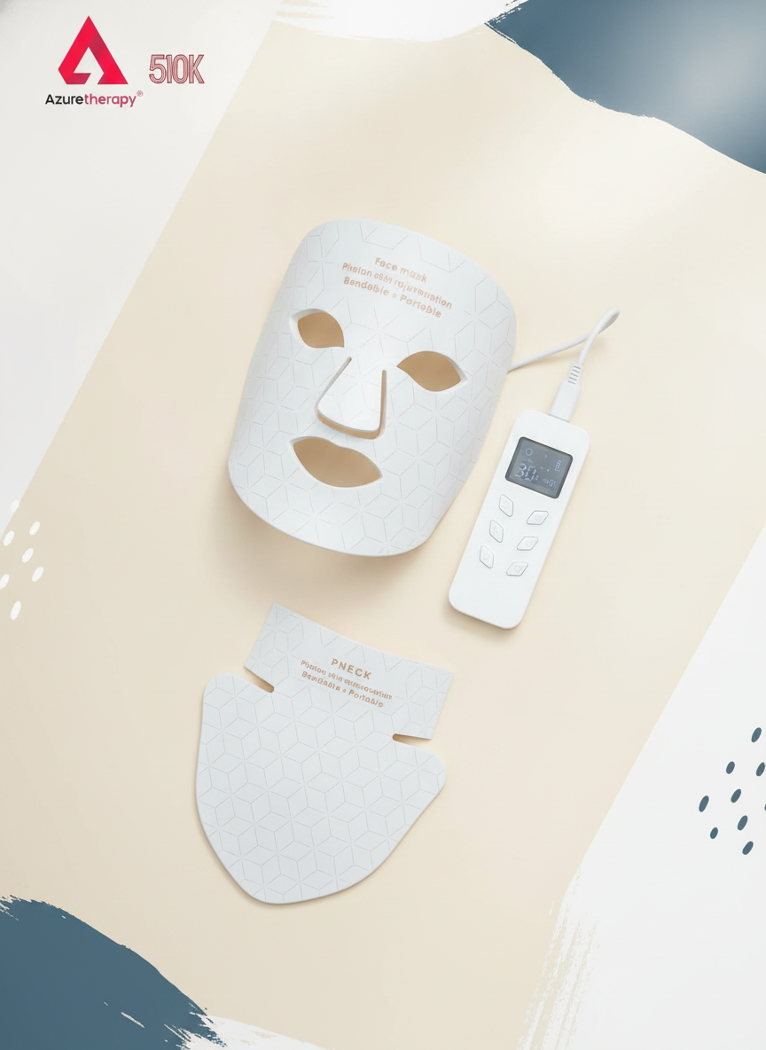 Close-up flat-lay of the Azure 510K LED Facial Mask on a warm cream surface with soft slate blue and bright white accents.