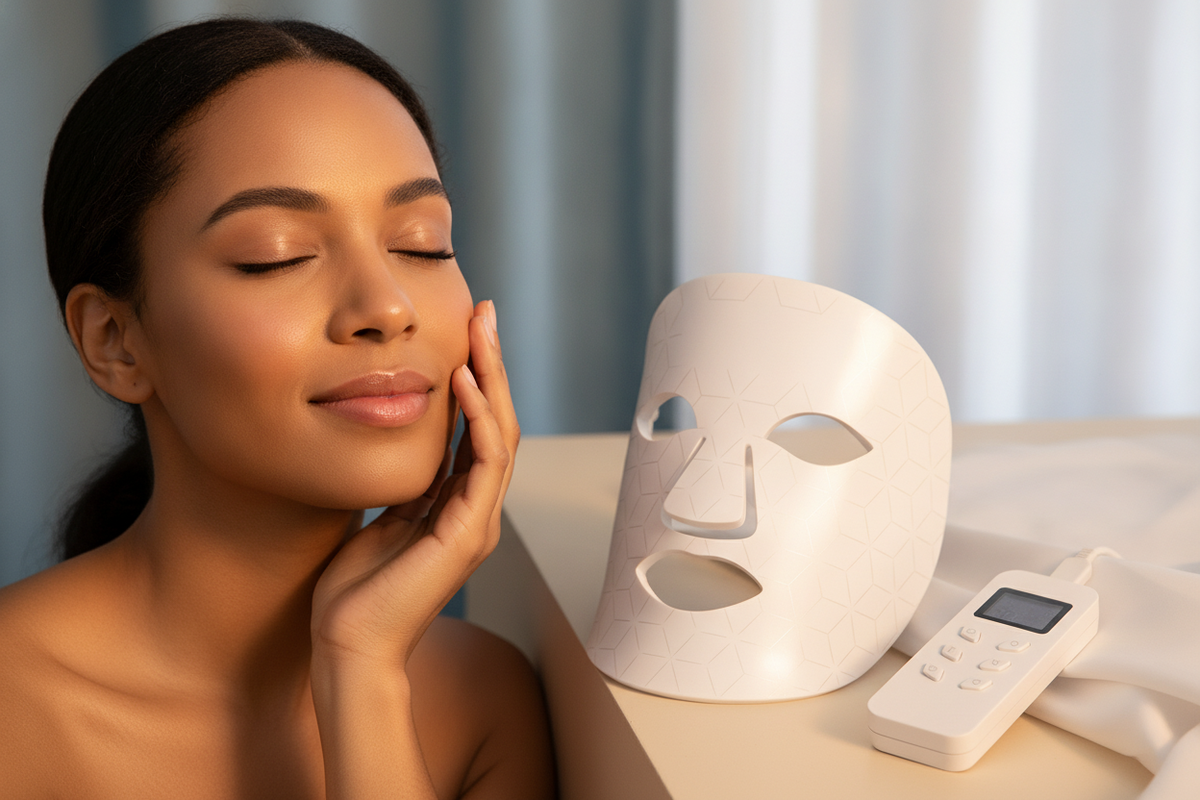 A woman with glowing skin gently touches her cheek next to an Azure 510K LED Facial Mask on a cream surface.